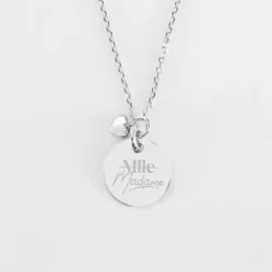 HappyBulle Collier mini coeur bombé Mariée personnalisé médaille gravée argent 15 mm Argent rhodié 925