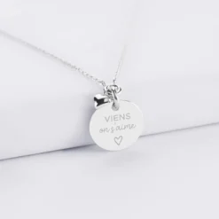 HappyBulle Collier mini coeur bombé personnalisé médaille gravée argent 15 mm Argent rhodié 925