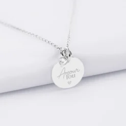 Clearance HappyBulle Collier mini coeur scintillant Mariée personnalisé médaille gravée argent 15 mm Argent rhodié 925
