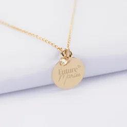 Hot HappyBulle Collier mini coeur scintillant Mariée personnalisé médaille gravée plaqué or 15 mm Plaqué or 18k