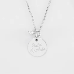 Sale HappyBulle Collier mini coeur scintillant personnalisé médaille gravée argent 15 mm Argent rhodié 925