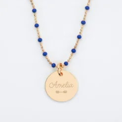Discount HappyBulle Collier perles colorées personnalisé médaille gravée plaqué or 15 mm