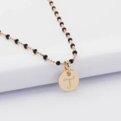 HappyBulle Collier perles colorées personnalisé médaille gravée plaqué or 10 mm