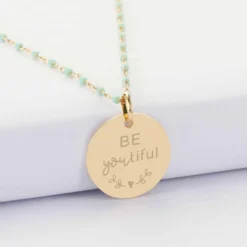 New HappyBulle Collier perles Miyuki colorées personnalisé médaille gravée plaqué or 19 mm