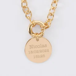 Clearance HappyBulle Collier personnalisé chaine fermoir marin médaille gravée plaqué or 19 mm