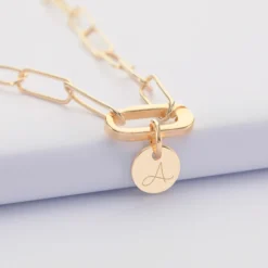 Hot HappyBulle Collier personnalisé grandes mailles mousqueton médaille gravée plaqué or 10 mm Plaqué or 18k