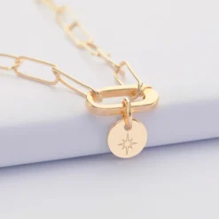 Hot HappyBulle Collier personnalisé grandes mailles mousqueton médaille gravée plaqué or 10 mm Plaqué or 18k