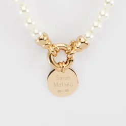 Outlet HappyBulle Collier personnalisé perles de Majorque fermoir marin médaille gravée plaqué or 15 mm