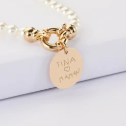 Hot HappyBulle Collier personnalisé perles de Majorque fermoir marin médaille gravée plaqué or 19 mm