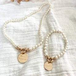 Hot HappyBulle Collier personnalisé perles de Majorque fermoir marin médaille gravée plaqué or 19 mm