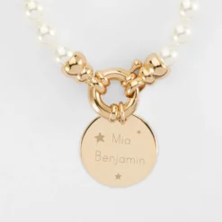Hot HappyBulle Collier personnalisé perles de Majorque fermoir marin médaille gravée plaqué or 19 mm