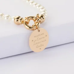 Hot HappyBulle Collier personnalisé perles de Majorque fermoir marin médaille gravée plaqué or 19 mm