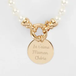 Hot HappyBulle Collier personnalisé perles de Majorque fermoir marin médaille gravée plaqué or 19 mm