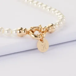 Hot HappyBulle Collier personnalisé perles de Majorque fermoir marin médaille gravée plaqué or 10 mm