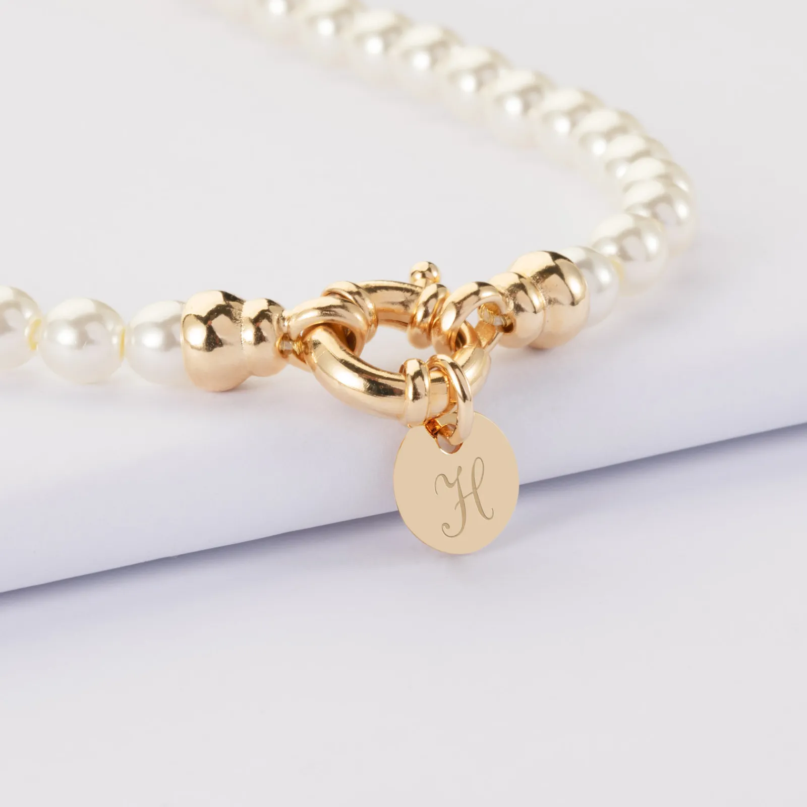 Hot HappyBulle Collier personnalisé perles de Majorque fermoir marin médaille gravée plaqué or 10 mm