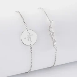 Hot HappyBulle Duo bracelets Mariée personnalisés chaine barrette scintillante et médaille gravée argent 2 trous 15 mm Argent rhodié 925