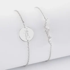 Hot HappyBulle Duo bracelets Mariée personnalisés chaine barrette scintillante et médaille gravée argent 2 trous 15 mm Argent rhodié 925