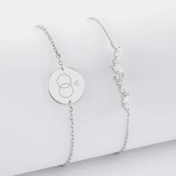 Hot HappyBulle Duo bracelets Mariée personnalisés chaine barrette scintillante et médaille gravée argent 2 trous 15 mm Argent rhodié 925