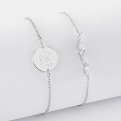 Hot HappyBulle Duo bracelets Mariée personnalisés chaine barrette scintillante et médaille gravée argent 2 trous 15 mm Argent rhodié 925