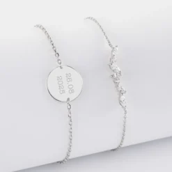 Hot HappyBulle Duo bracelets Mariée personnalisés chaine barrette scintillante et médaille gravée argent 2 trous 15 mm Argent rhodié 925