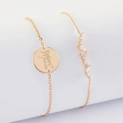 Best HappyBulle Duo bracelets Mariée personnalisés chaine barrette scintillante et médaille gravée plaqué or 2 trous 15 mm Plaqué or 18k