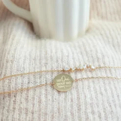 Best HappyBulle Duo bracelets Mariée personnalisés chaine barrette scintillante et médaille gravée plaqué or 2 trous 15 mm Plaqué or 18k