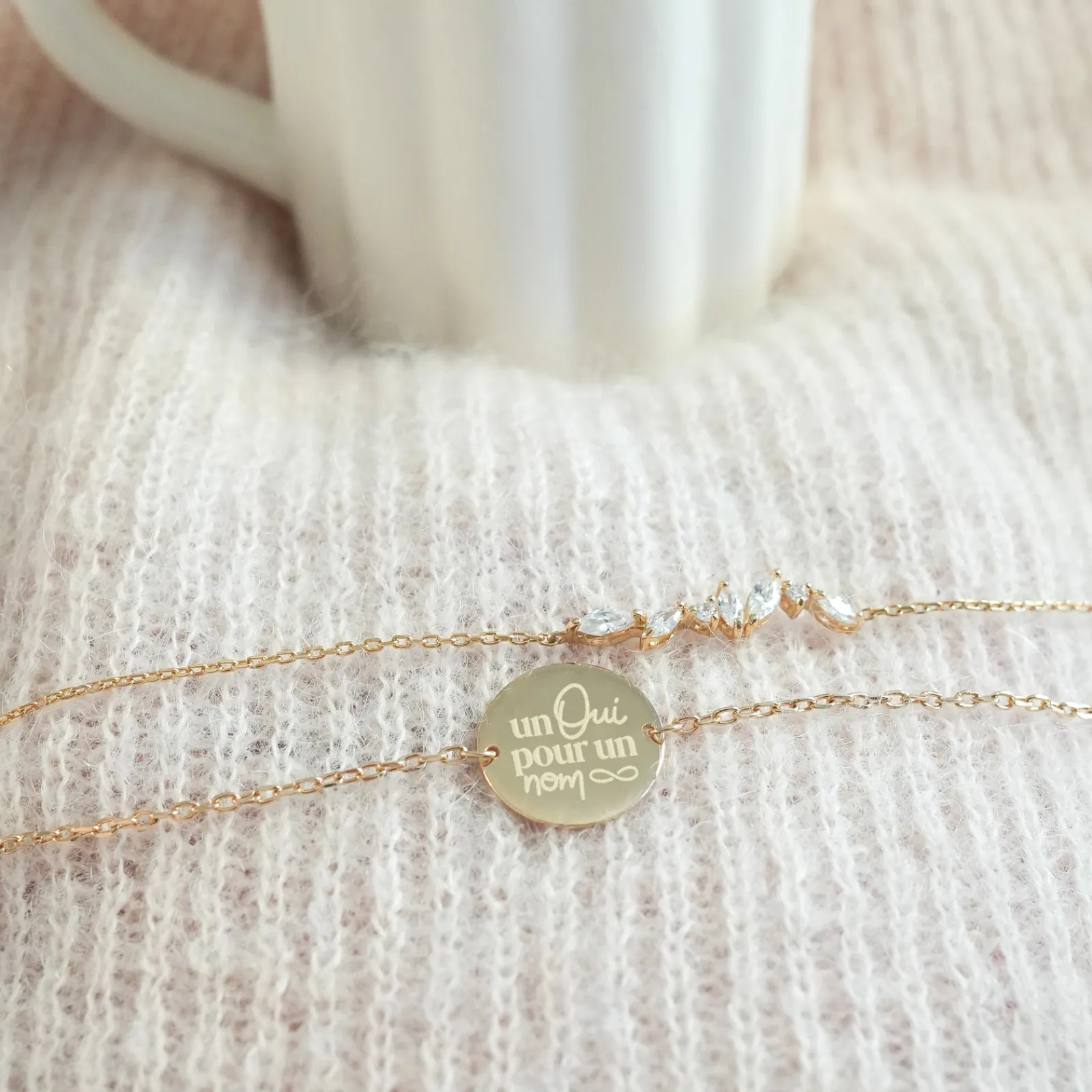 Best HappyBulle Duo bracelets Mariée personnalisés chaine barrette scintillante et médaille gravée plaqué or 2 trous 15 mm Plaqué or 18k