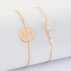 Best HappyBulle Duo bracelets Mariée personnalisés chaine barrette scintillante et médaille gravée plaqué or 2 trous 15 mm Plaqué or 18k