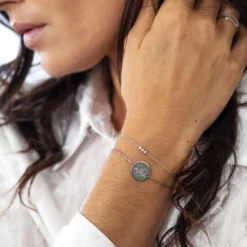Clearance HappyBulle Duo bracelets Mariée personnalisés chaine trio scintillant et médaille gravée argent 2 trous 15 mm Argent rhodié 925