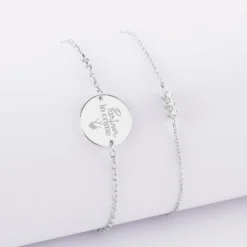 Clearance HappyBulle Duo bracelets Mariée personnalisés chaine trio scintillant et médaille gravée argent 2 trous 15 mm Argent rhodié 925