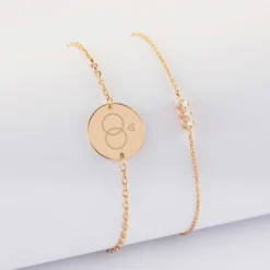 Outlet HappyBulle Duo bracelets Mariée personnalisés chaine trio scintillant et médaille gravée plaqué or 2 trous 15 mm Plaqué or 18k