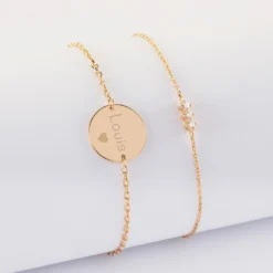 Best HappyBulle Duo bracelets personnalisés chaine trio scintillant et médaille gravée plaqué or 2 trous 15 mm Plaqué or 18k