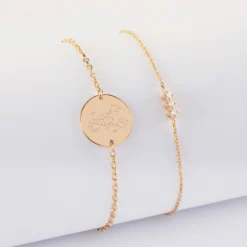 Best HappyBulle Duo bracelets personnalisés chaine trio scintillant et médaille gravée plaqué or 2 trous 15 mm Plaqué or 18k