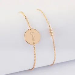 Best HappyBulle Duo bracelets personnalisés chaine trio scintillant et médaille gravée plaqué or 2 trous 15 mm Plaqué or 18k