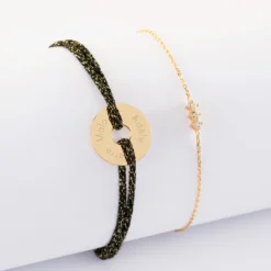 New HappyBulle Duo bracelets personnalisés chaine trio scintillant et cordon pailleté médaille gravée plaqué or cible 16 mm Plaqué or 18k