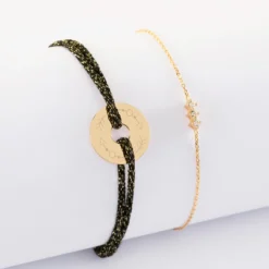 New HappyBulle Duo bracelets personnalisés chaine trio scintillant et cordon pailleté médaille gravée plaqué or cible 16 mm Plaqué or 18k