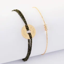 New HappyBulle Duo bracelets personnalisés chaine trio scintillant et cordon pailleté médaille gravée plaqué or cible 16 mm Plaqué or 18k