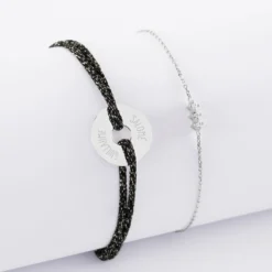 Outlet HappyBulle Duo bracelets personnalisés chaine trio scintillant et cordon pailleté médaille gravée argent cible 16 mm Argent rhodié 925