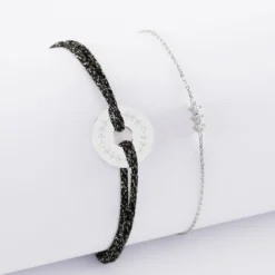 Outlet HappyBulle Duo bracelets personnalisés chaine trio scintillant et cordon pailleté médaille gravée argent cible 16 mm Argent rhodié 925