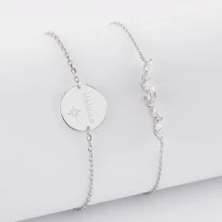Sale HappyBulle Duo bracelets personnalisés chaine barrette scintillante et médaille gravée argent 2 trous 15 mm Argent rhodié 925