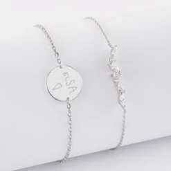 Sale HappyBulle Duo bracelets personnalisés chaine barrette scintillante et médaille gravée argent 2 trous 15 mm Argent rhodié 925