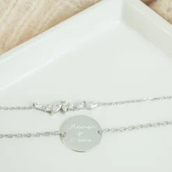 Sale HappyBulle Duo bracelets personnalisés chaine barrette scintillante et médaille gravée argent 2 trous 15 mm Argent rhodié 925