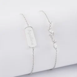 Sale HappyBulle Duo bracelets personnalisés chaine barrette scintillante et médaille gravée argent plaque 20x8 mm Argent rhodié 925