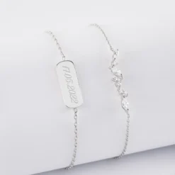 Sale HappyBulle Duo bracelets personnalisés chaine barrette scintillante et médaille gravée argent plaque 20x8 mm Argent rhodié 925