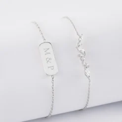 Sale HappyBulle Duo bracelets personnalisés chaine barrette scintillante et médaille gravée argent plaque 20x8 mm Argent rhodié 925