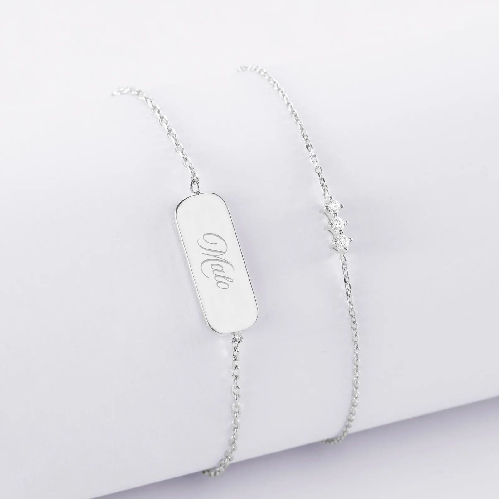 Online HappyBulle Duo bracelets personnalisés chaine trio scintillant et médaille gravée argent plaque 20x8 mm Argent rhodié 925