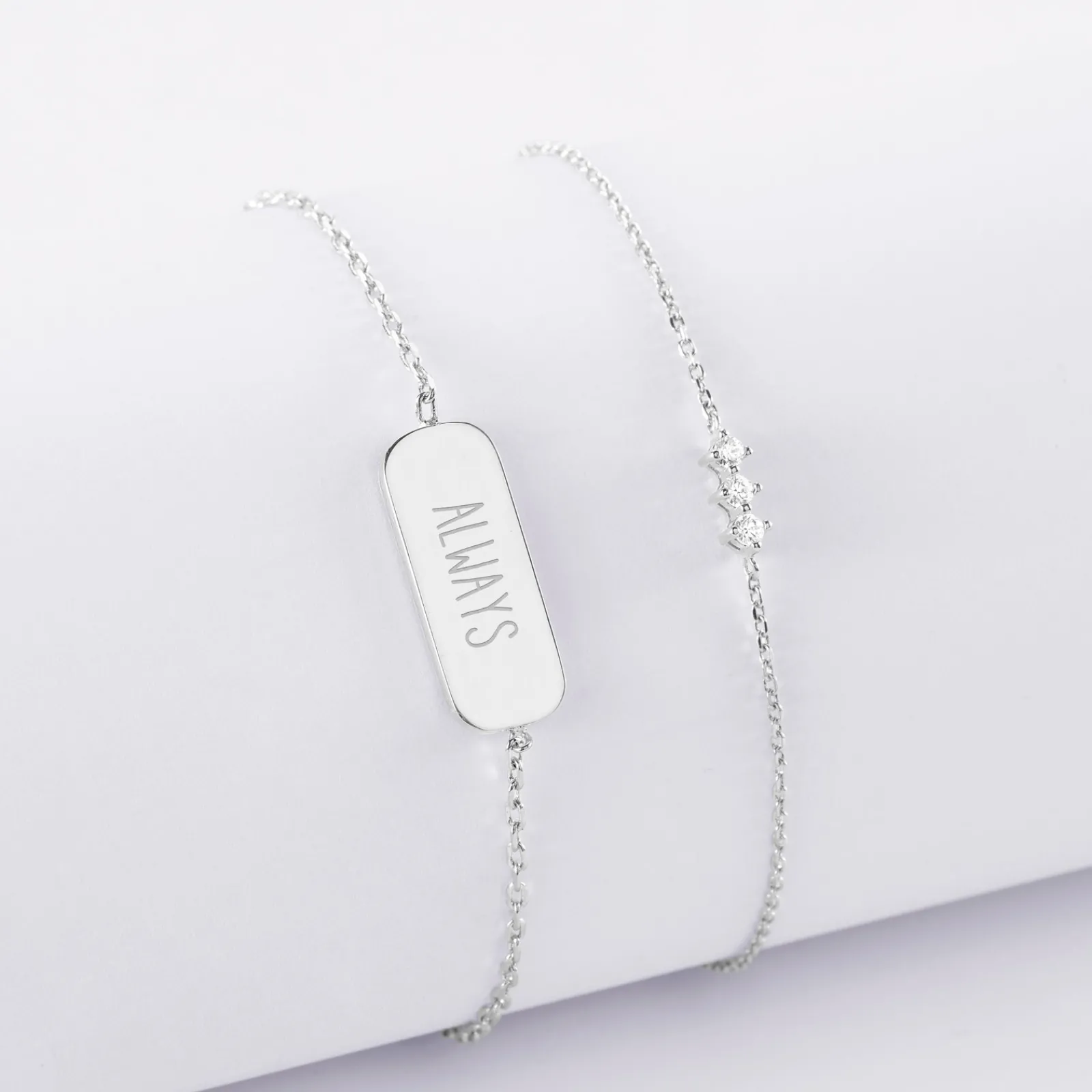 Online HappyBulle Duo bracelets personnalisés chaine trio scintillant et médaille gravée argent plaque 20x8 mm Argent rhodié 925