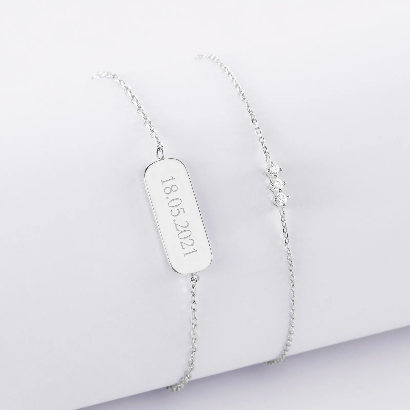 Online HappyBulle Duo bracelets personnalisés chaine trio scintillant et médaille gravée argent plaque 20x8 mm Argent rhodié 925
