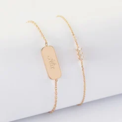 Outlet HappyBulle Duo bracelets personnalisés chaine trio scintillant et médaille gravée plaqué or plaque 20x8 mm Plaqué or 18k