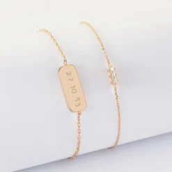 Outlet HappyBulle Duo bracelets personnalisés chaine trio scintillant et médaille gravée plaqué or plaque 20x8 mm Plaqué or 18k